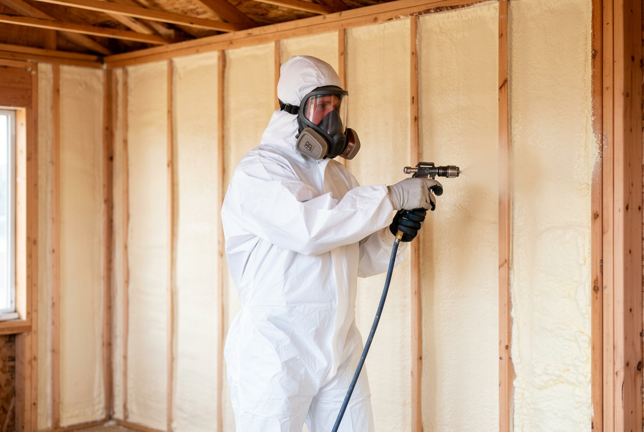 Professional spray foam installer applying closed-cell insulation to wall framing in a Bettendorf, Iowa home.